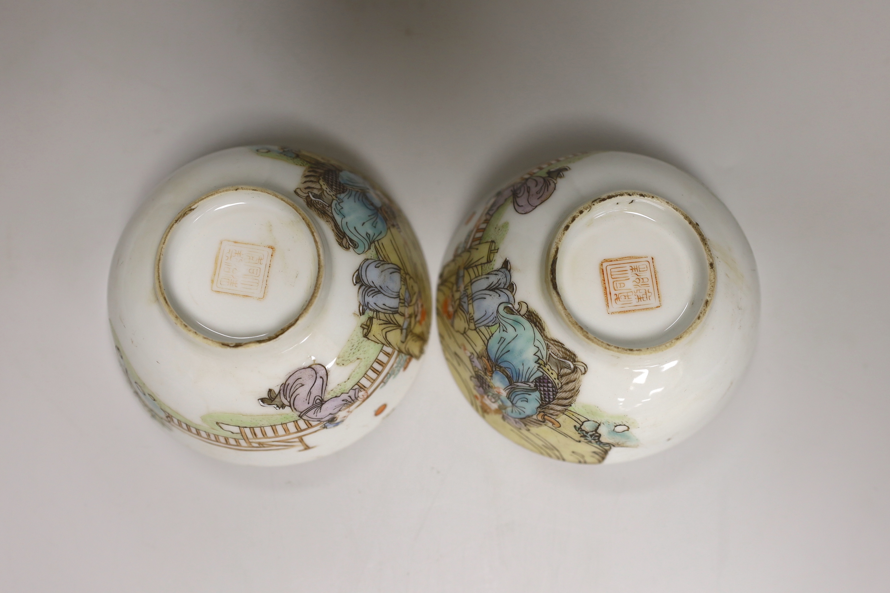 A Chinese famille rose spill vase and a pair of rice bowls, spill vase 12.5cm high